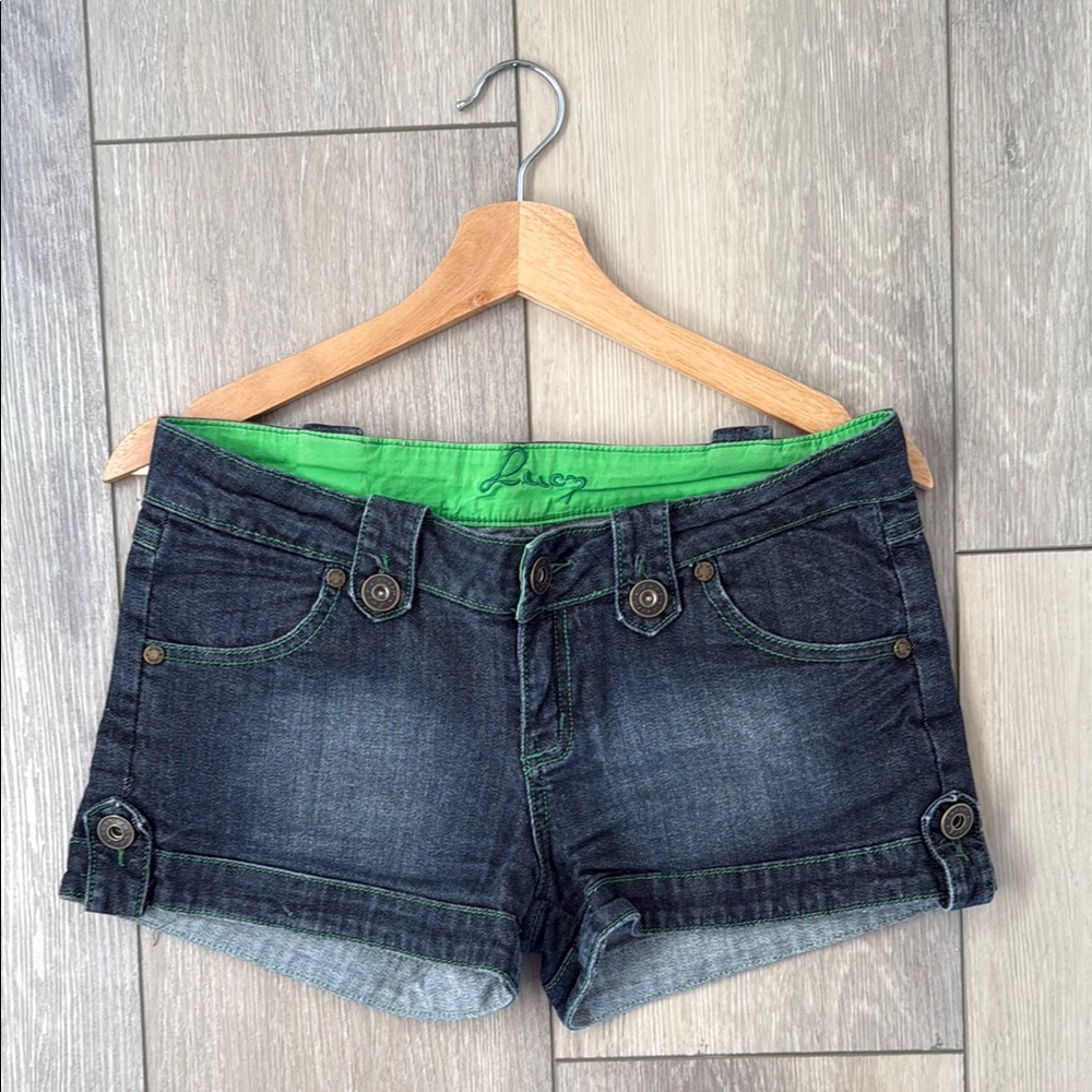 Blue Denim Shorts with Green Accents